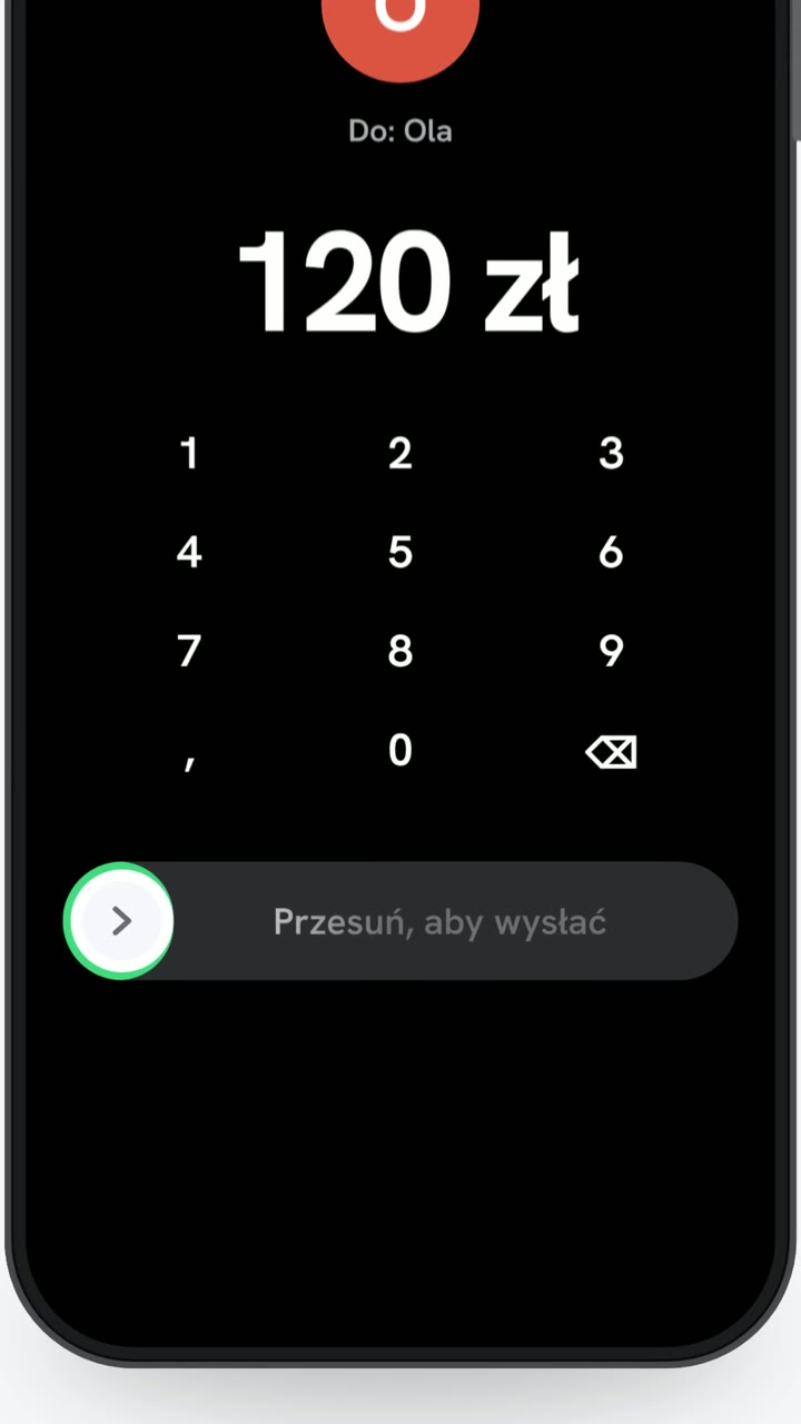 Ekran przelewu 120 zł z suwakiem Przesuń, aby wysłać